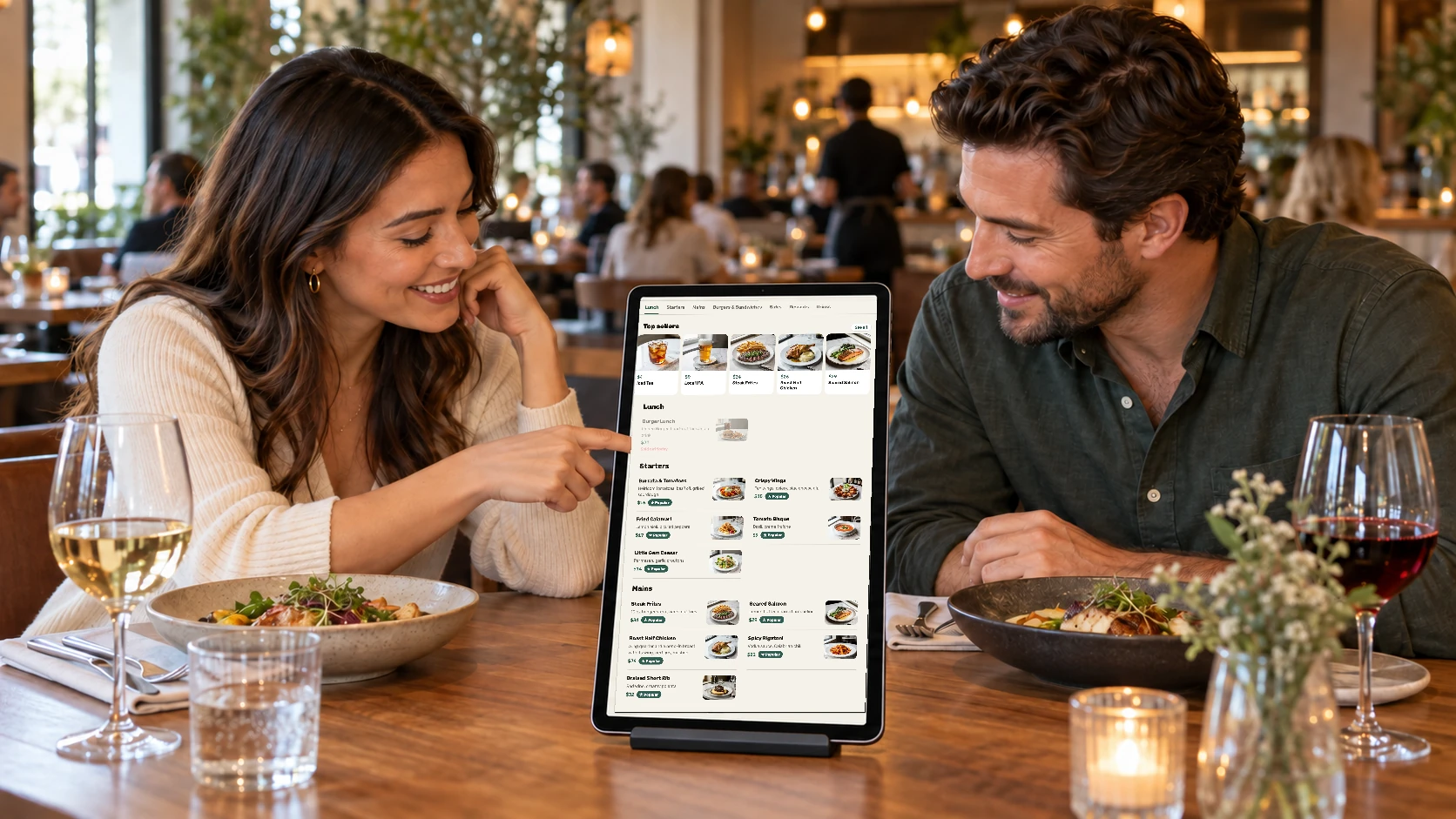 Guests browsing the Jooule menu on a tablet at their restaurant table