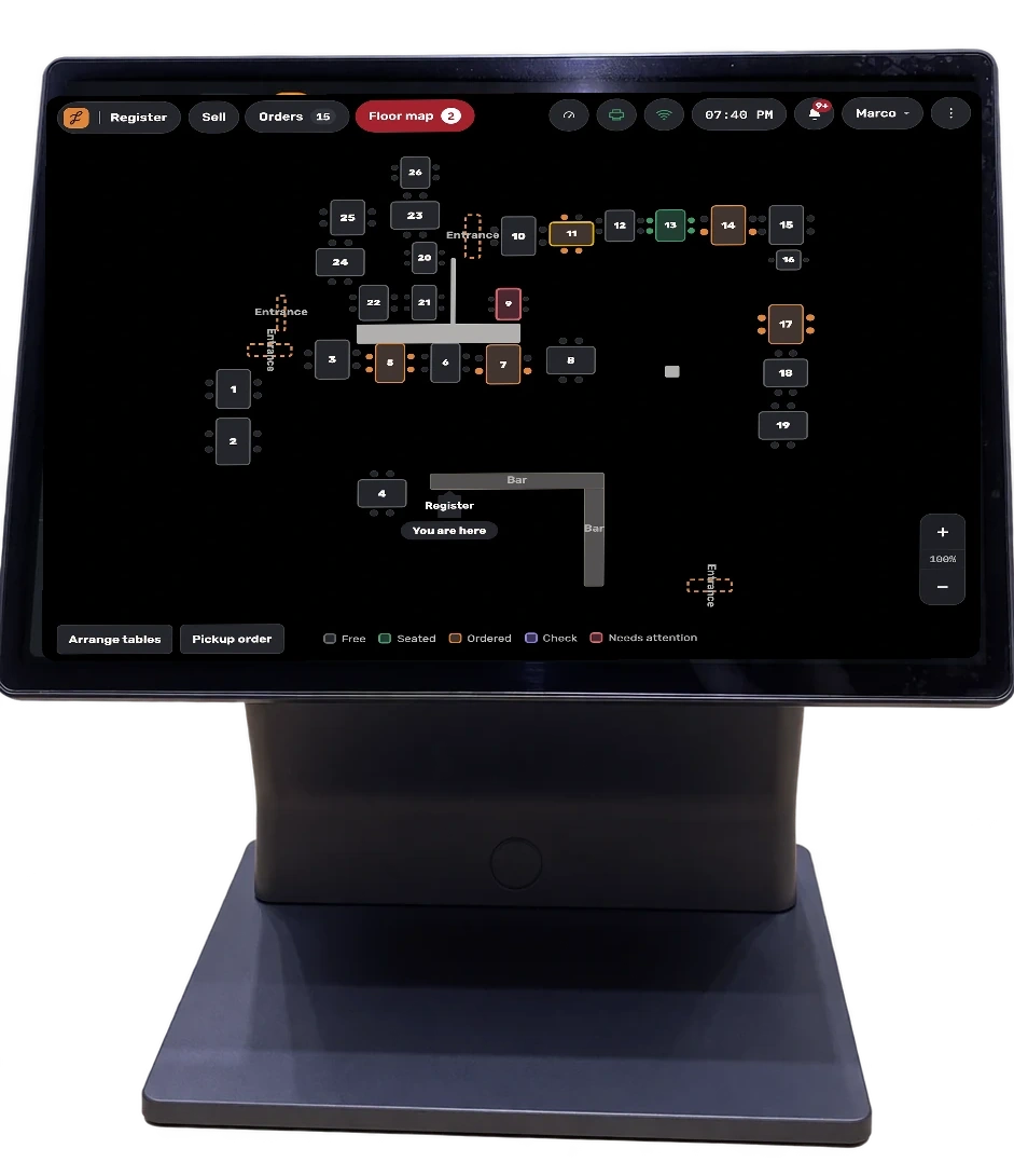Front view of the Jooule POS showing the restaurant floor map