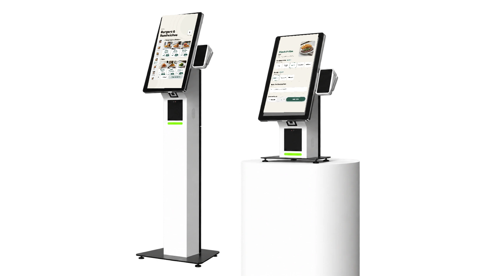 Two Jooule self-order kiosks showing the menu and item choices