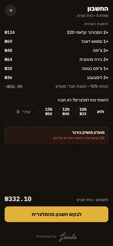 החשבון בטלפון של האורח, עם הטיפ