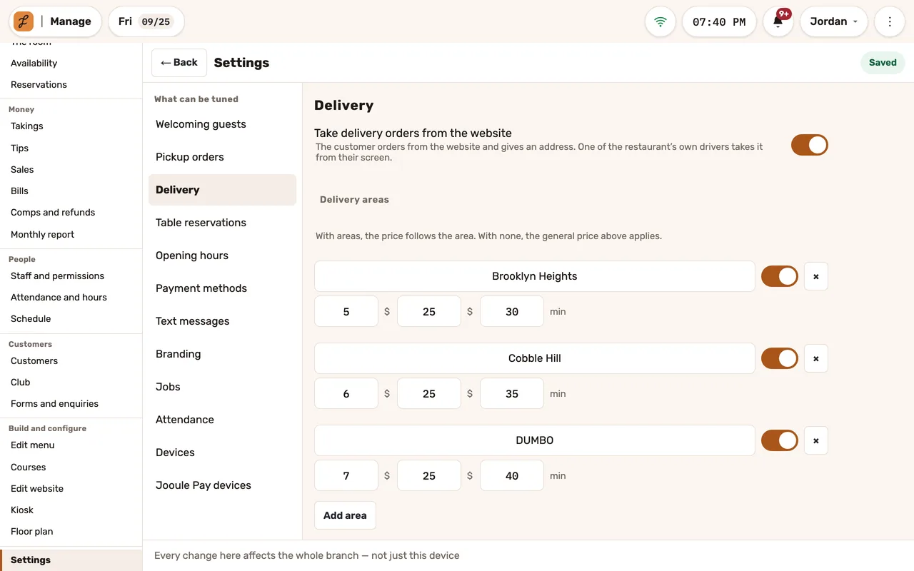 Delivery areas in the back office: each with its fee, minimum and time