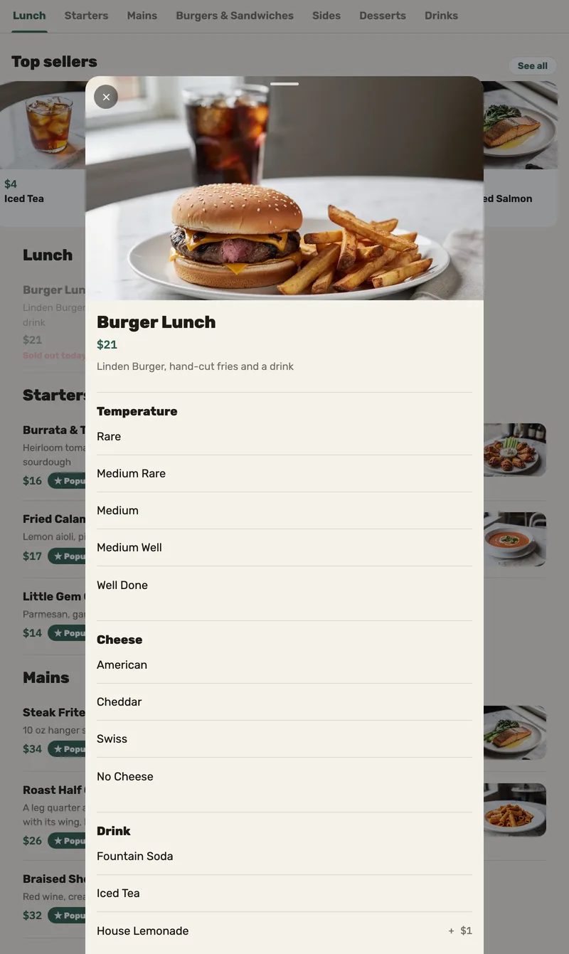 The digital menu: a dish and its available choices