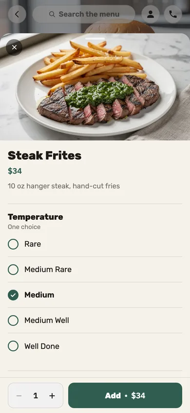 Online ordering: a dish and its choices