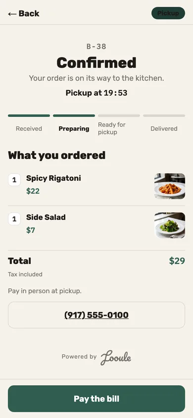 Live order tracking, with a ready time