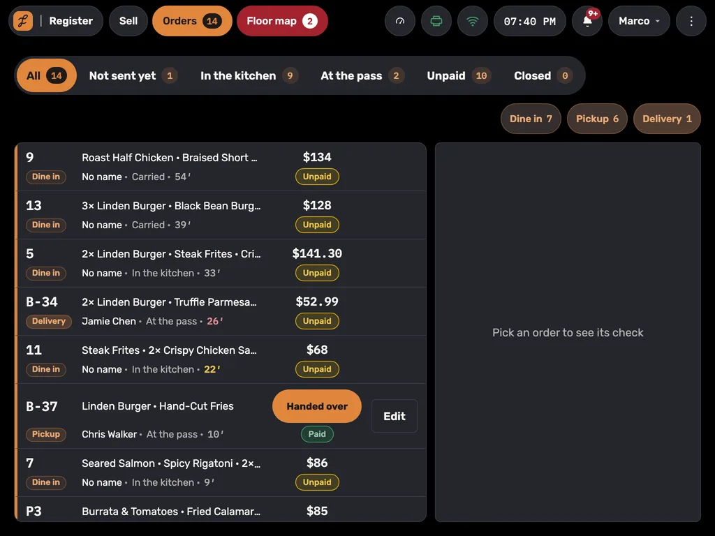 The till: every open order, tables and pickups, by stage