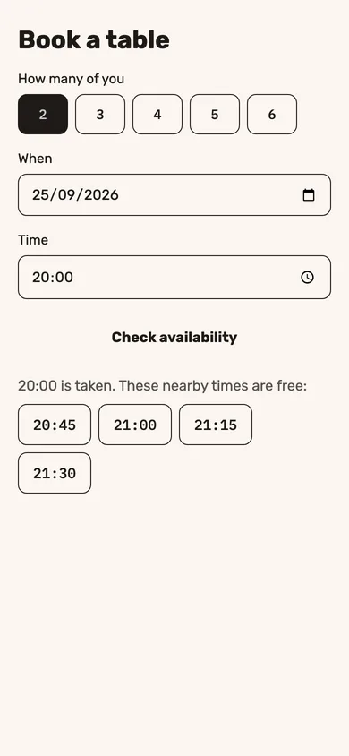 Reservations: the open times for the size of the party