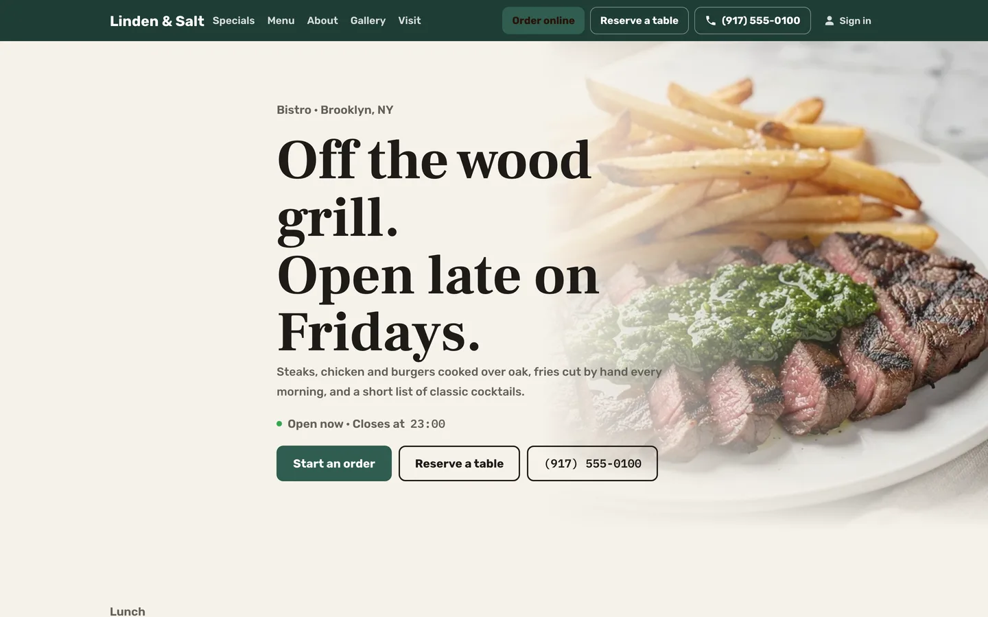 The restaurant’s website on a computer