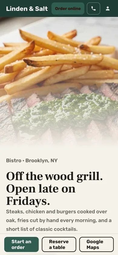 The restaurant’s website on a phone