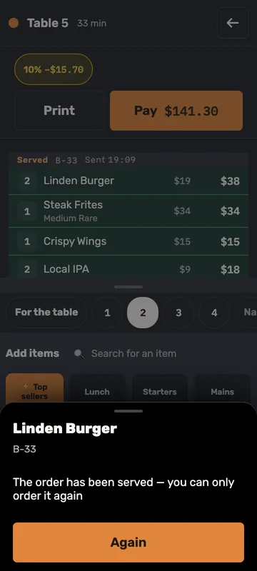The waiter app: seat 2 selected with the “Again” action open on a served dish
